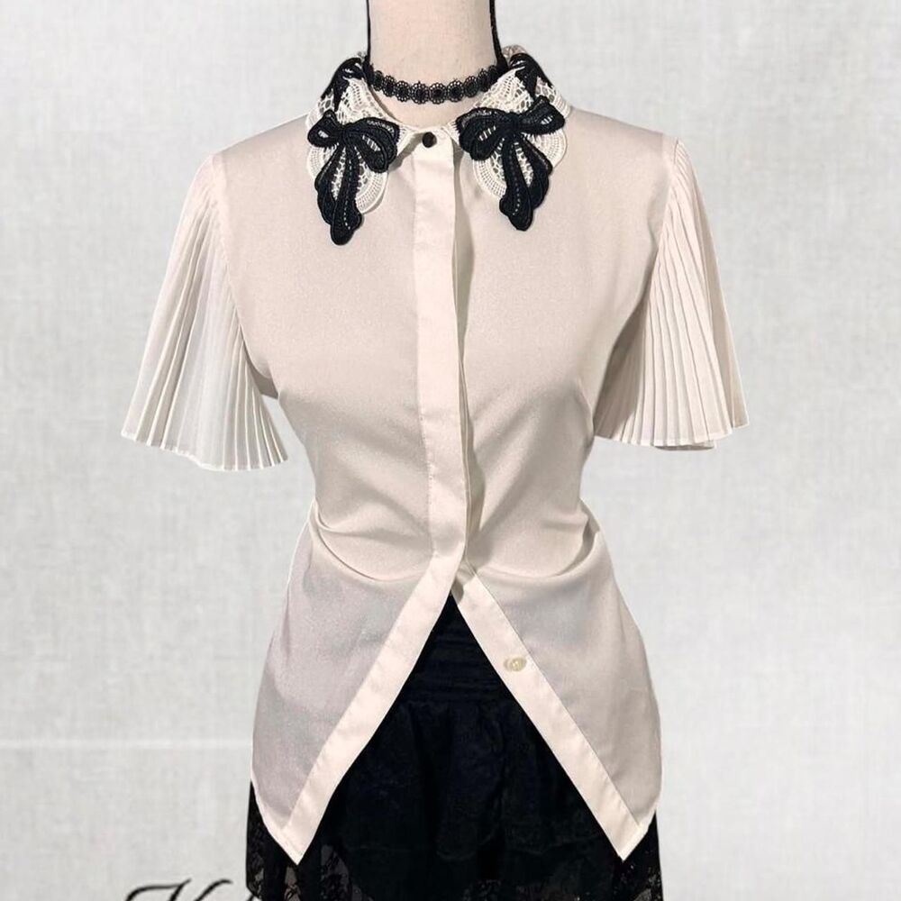 Feminine Kawaii Lace Babydoll Contrast Ruffled Sleeve White Blouse